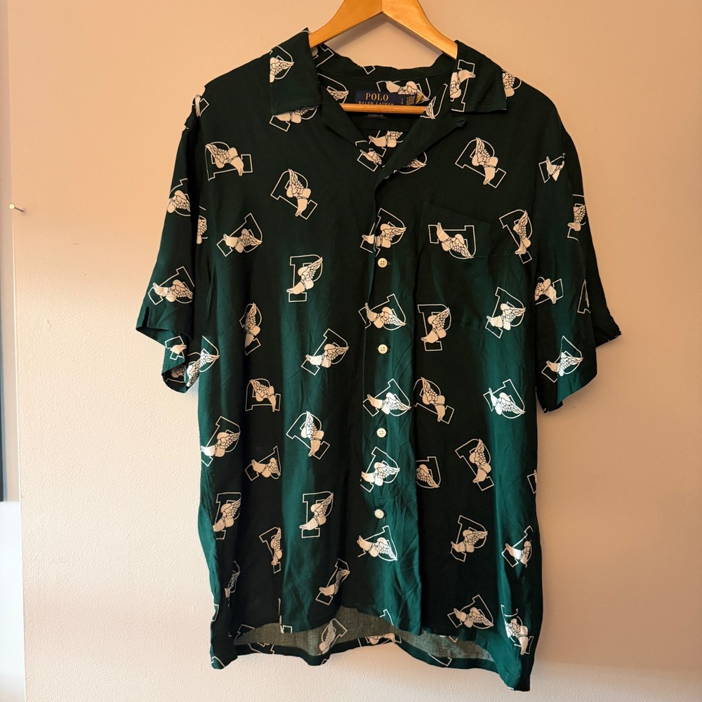 Polo Ralph Lauren PWing Graphic Camp Shirt Mens Large Green Viscose Button Up
